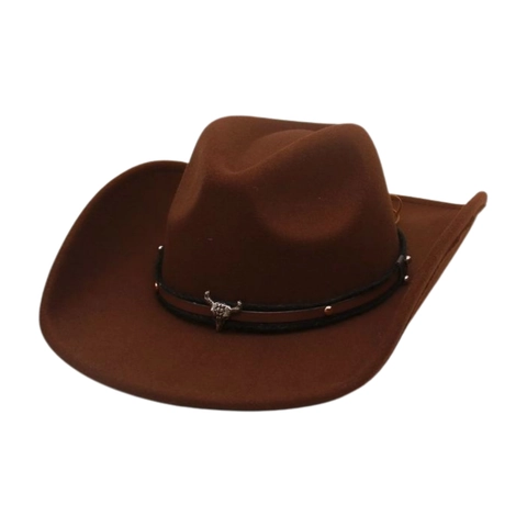 Western Cowboy Hat Wide Brim Wool Felt Ethnic Bull Head Turquoise Beads Tassels Vintage Fedora