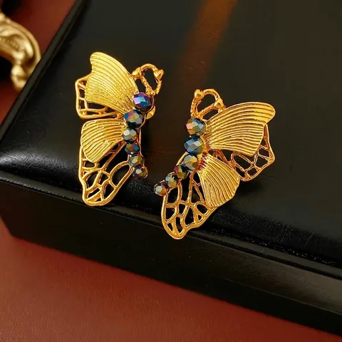 Pendientes De Botón De Mariposa Con Poste De Plata Aleación Hueca Cuentas Coloridas Estilo Vintage Para Mujeres