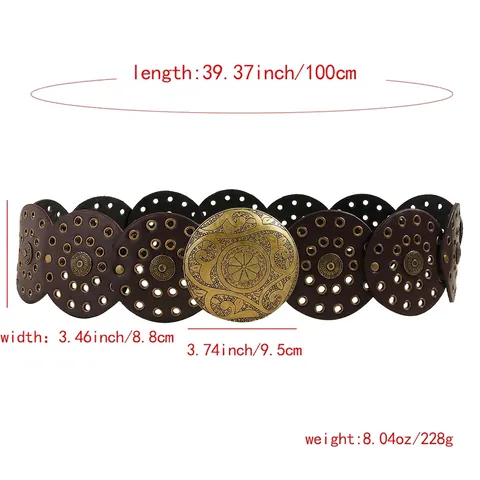 Women Vintage Bohemian Wide Belt With Large Round Metal Buckle PU Leather Hollow Out Embossed Decorative Waist Cincher