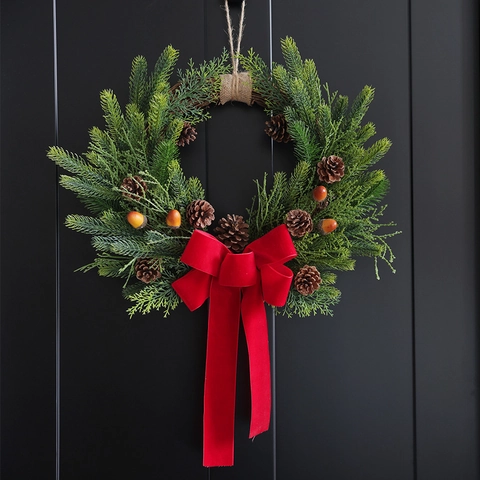 Artificial Christmas Wreath Garland With Pine Cones Red Velvet Bow Green Berries Front Door Wall Hanging Winter Holiday Decor