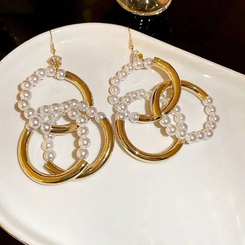 Drop Earrings Copper With Faux Artificial Pearl And Zircon Interlocking Geometric Circles Retro Style With Steel Earring Post