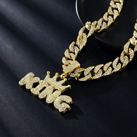 King Letter Pendant Necklace Zinc Alloy Rhinestone Crowned King Cuban Link Chain Hip Hop Streetwear Men Jewelry