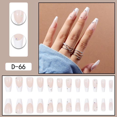 Unghie Finte Coffin French Tip Bianca Base Rosa Nude Con Strass Colorati Unghie Artificiali Rimovibili