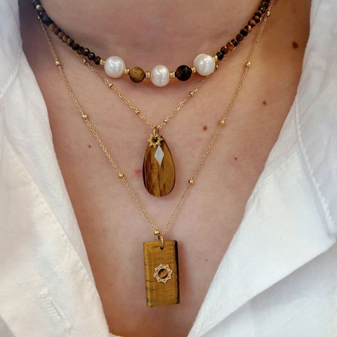 Stainless Steel Tiger Eye Stone Necklace For Women Gold Plated Natural Stone Teardrop Rectangle Pendant Handmade Jewelry