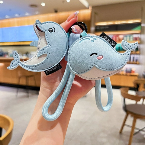 Cute Marine Animal Leather Keychain Cartoon Dolphin Whale Shark Bag Charm Pendant PU Leather With Metal Ring Lanyard