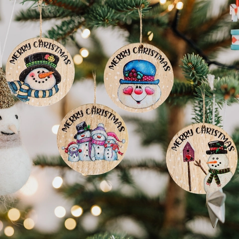 Ornamenti Natalizi Appesi Dischi Di Legno Tondi Con Pupazzo Di Neve Merry Christmas Per Decorazione Albero Casa Rustica