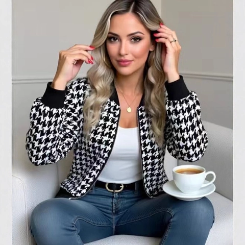 Giacca Pied De Poule Da Donna Chiusura Lampo Manica Lunga Stile Baseball Cardigan In Maglia Capispalla Casual Cappotto Chic