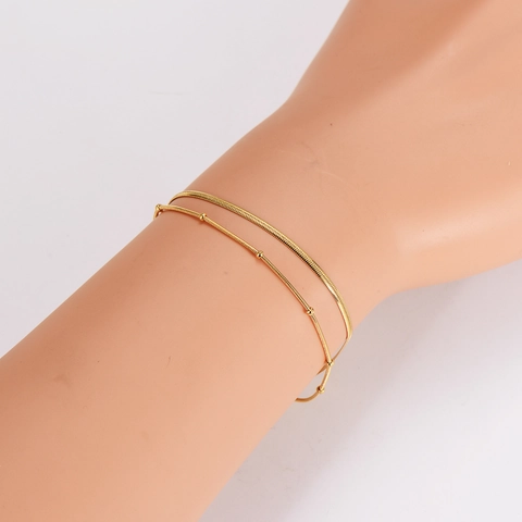 Bracciale A Doppio Strato Catena A Osso Di Serpente Acciaio Inossidabile 304 Con Perle Tonde E Pendente A Cuore Per Donna