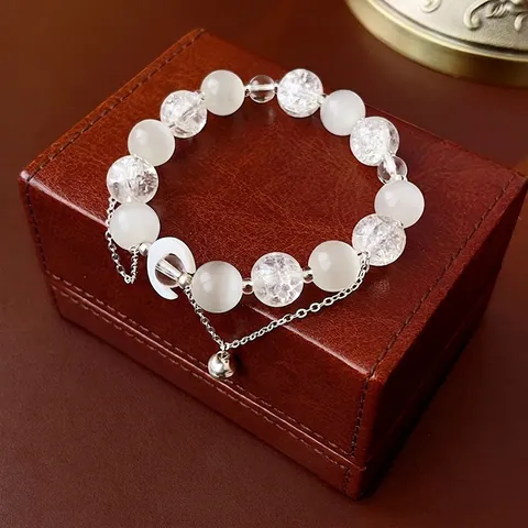 Elegantes Perlenarmband Kristall Katzenauge Steine Mond Anhänger Und Glocke Vielseitiger Schmuck Für Damen Geschenk
