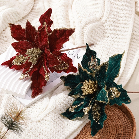 Künstliche Weihnachtssternblumen Aus Samt Mit Glitzer Pailletten Und Stiel Für Weihnachtsbaum Feiertagsdekoration Zu Hause