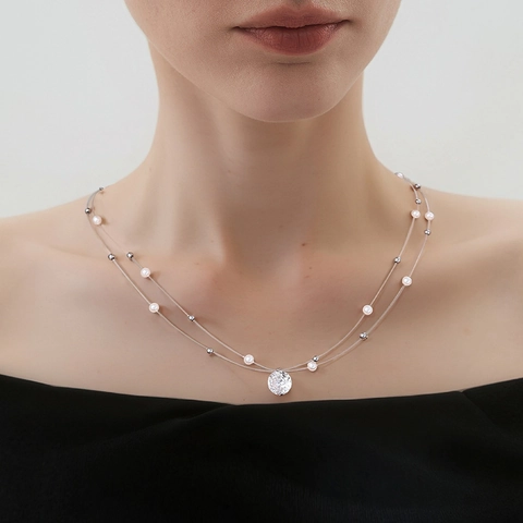 Double Layer Necklace With Sparkling Zircon Pendant Faux Artificial Pearl And Metal Beads Elegant Clavicle Chain Minimalist Jewelry For Women