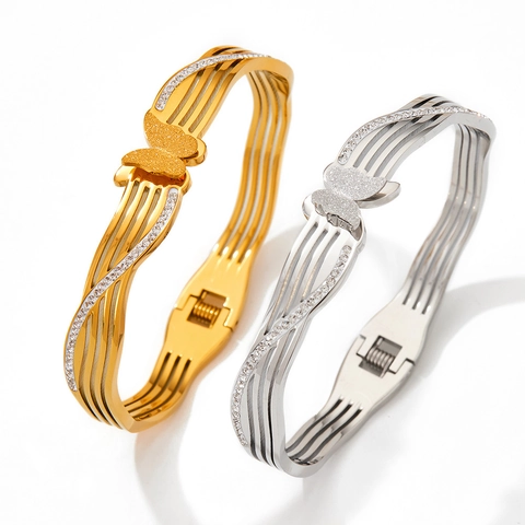Stainless Steel Bangle Bracelet For Women Frosted Butterfly Geometric Rhinestone Textured Wavy Line Hinged Cuff Jewelry