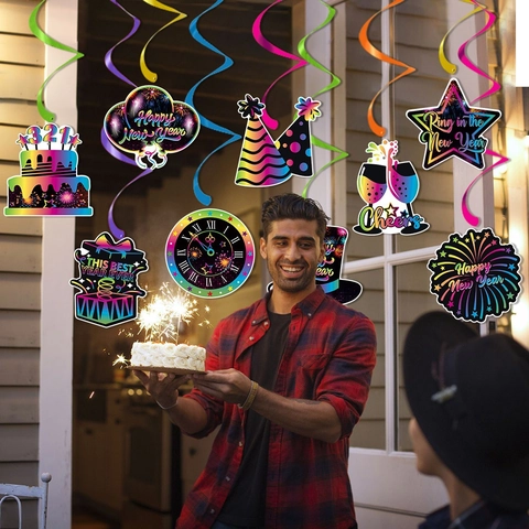 Happy New Year Banner Bandierine E Ornamenti Pendenti A Spirale Decorazioni Per Feste In Cartone Neon Colorato Per Soffitto