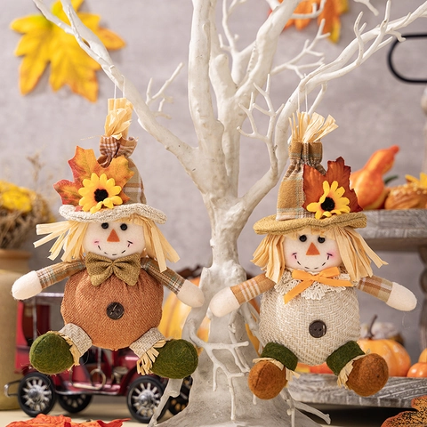Autumn Scarecrow Pendant Harvest Thanksgiving Decor Plaid Fabric Hanging Ornament Sunflower Maple Leaf Doll Decoration