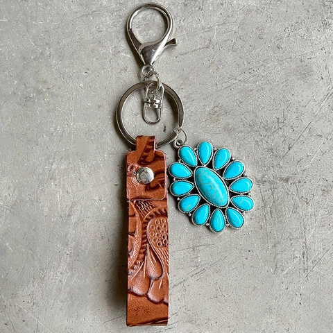 Western Vintage Schlüsselanhänger Echtes Leder Geprägtes Blumenmuster Türkis Kreuz Kaktus Anhänger Boho Stil Accessoire