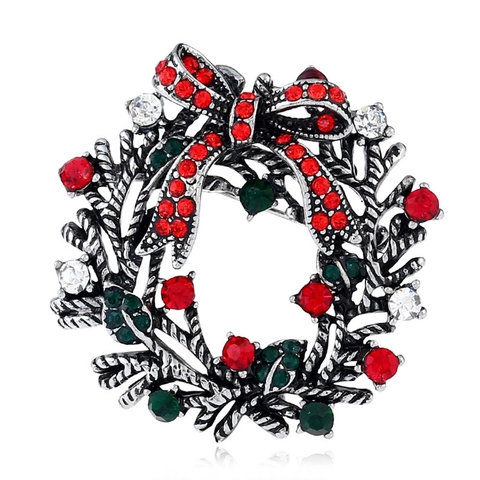 Vintage Christmas Wreath Brooch Pin For Women Men Alloy Rhinestone Christmas Bell Bowknot Brooch Holiday Jewelry Gift