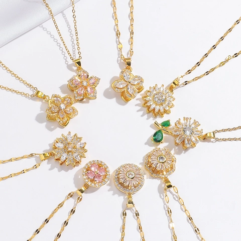 Rotating Flower Pendant Necklace For Women Stainless Steel Zirconia Elegant Fashion Clavicle Chain Jewelry Gift