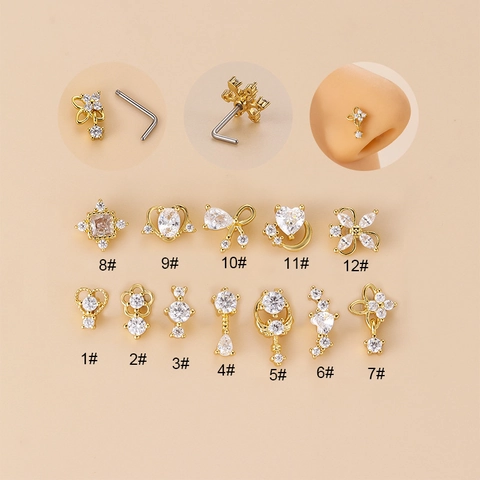 Stainless Steel L-Shape Nose Stud For Women Heart Flower Star Geometric Zirconia Inlaid Gold Silver Piercing Body Jewelry