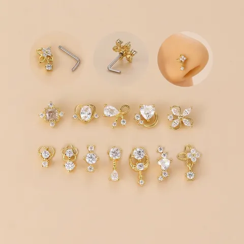Edelstahl L-Form Nasenstecker Für Damen Herz Blume Stern Geometrisch Zirkonia Eingelegt Gold Silber Piercing Körperschmuck