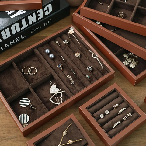 Jewelry Display Tray PU Leather Brown Velvet Multi Compartment Necklace Ring Earring Organizer Storage Box With Acrylic Lid