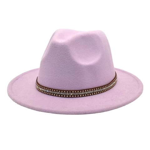 Wide Brim Fedora Hat Woolen Felt Elegant Jazz Cap With Rhinestone Studded Belt Vintage Solid Color For Women Men