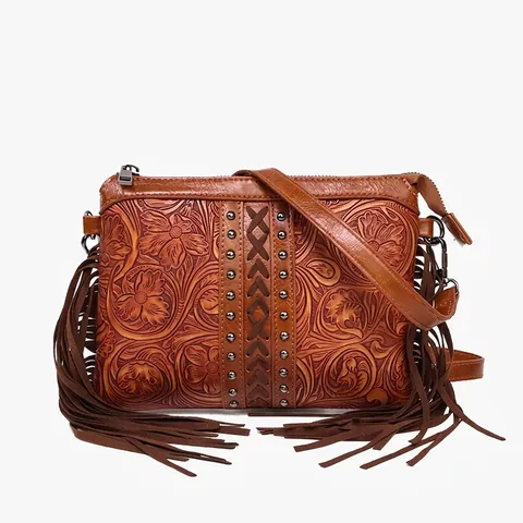Bohemian PU Leather Crossbody Bag With Floral Embossing Tassel And Rivet Decor Retro Adjustable Shoulder Bag For Women