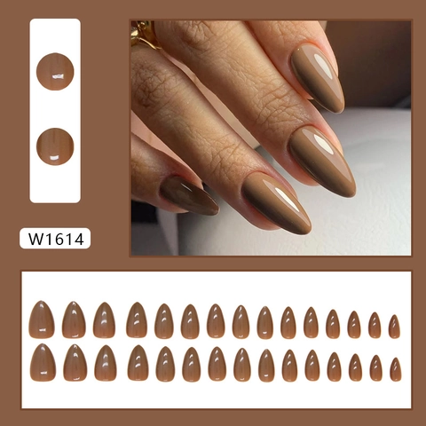 Glossy Mocha Brown Press On Nails Almond Shape Artificial Detachable Solid Color Elegant Manicure For Women