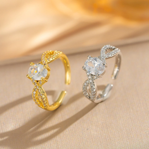 Ovaler Zirkonia Infinity Twist Offener Ring Kupfer Vergoldet Verstellbarer Nische Leichter Luxusring Für Damen