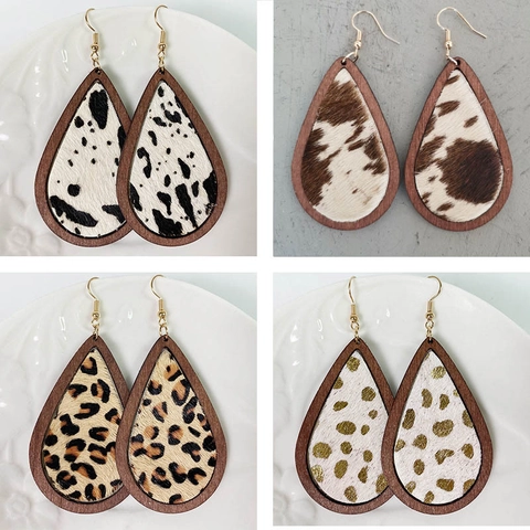 Orecchini Pendenti A Goccia Vintage Legno E Vera Pelle Di Mucca Stampa Leopardata Mucca Stile Boho Gioielli
