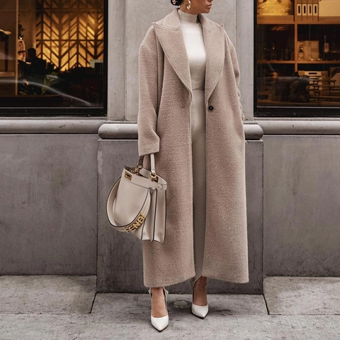 Damen Eleganter Langer Wollmantel Reverskragen Langarm Einfarbig Warmer Trenchcoat Winter Herbst Oberbekleidung Modejacke