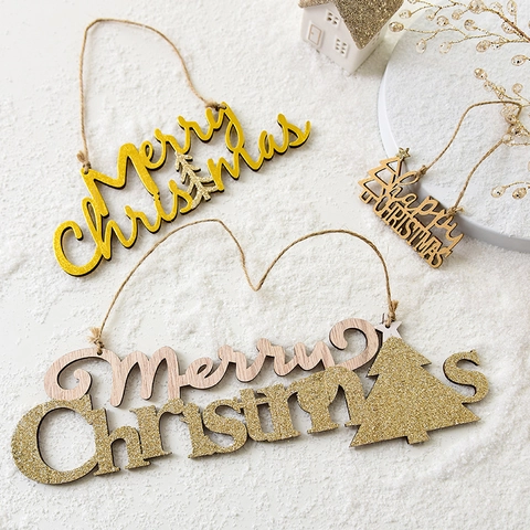 Christmas Hanging Ornaments Wooden Merry Christmas Plaque Glitter Letter Sign For Tree Wall Festive Home Decor