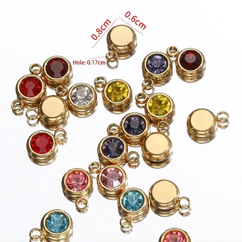 Round Birthstone Pendants Stainless Steel Colorful Rhinestone Charms For DIY Jewelry Making Crafts Accessory Style