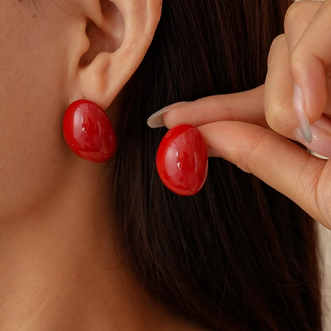 Retro Oval Geometric Enamel Stud Earrings With 925 Sterling Silver Earring Post Glossy Dark Red For Women Minimalist