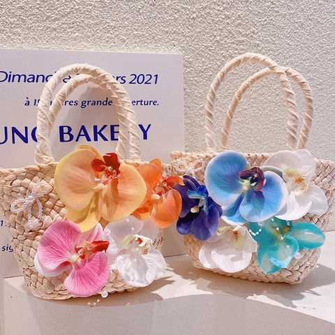 Borsa A Mano In Paglia Intrecciata A Mano Con Fiori Di Orchidea Artificiali E Decorazioni Di Künstliche Perle Stile Bohémien Da Donna