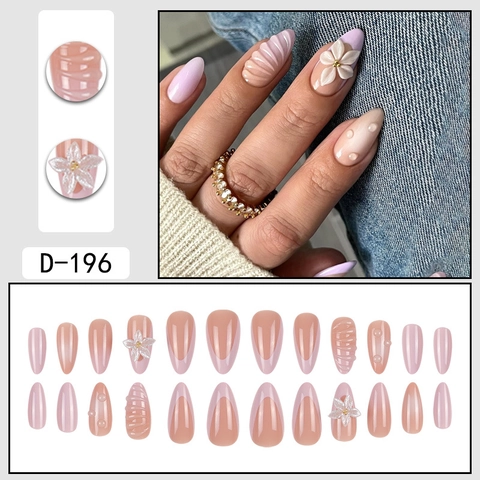 Franse Press On Nagels Met 3D Reliëf Bloemen En Schelpen Textuur Amandel Lange Kunstnagels Roze Paars Elegant Voor Vrouwen