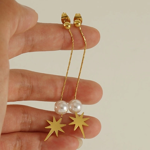 Eight Pointed Star Artificial Pearl Dangle Earrings Titanium Steel 18k Gold Plated Long Tassel Chain Fashion Jewelry For Women
