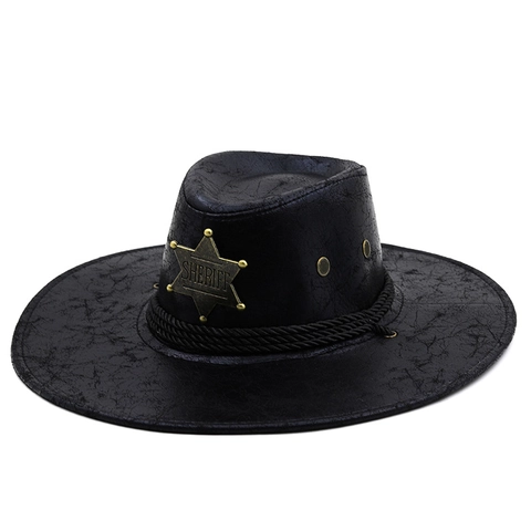 Cappello Da Cowboy Western Sheriff Vintage Pelle PU Tesa Larga Con Distintivo A Stella In Metallo Corda Intrecciata Gioco Di Ruolo