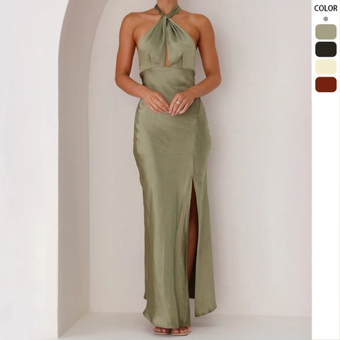 Vestito Lungo In Raso Con Scollo All'americana E Schiena Scoperta Spacco Laterale Alto Sexy Elegante Aderente