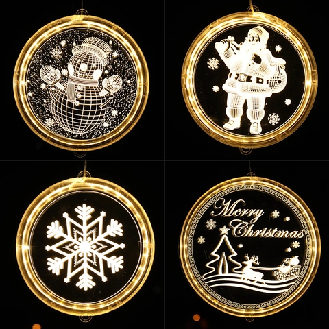 LED Christmas Window Hanging Light Acrylic 3D Warm White Suction Cup Holiday Party Decoration Reindeer Snowman Pattern