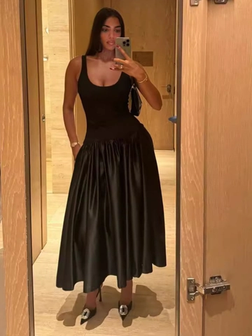 Abito Maxi Senza Maniche Nero Con Scollo A U Vestibilità Aderente Satin Patchwork Elegante Chic Donne
