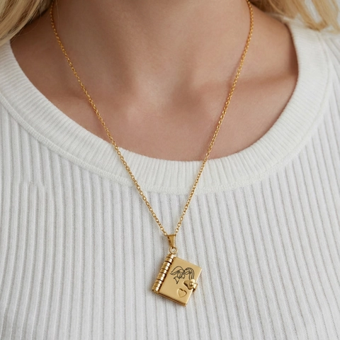 Book Locket Necklace Stainless Steel Openable Multi Page Engraved Sentiment Pendant Jewelry Gift For Women Daughter Mom