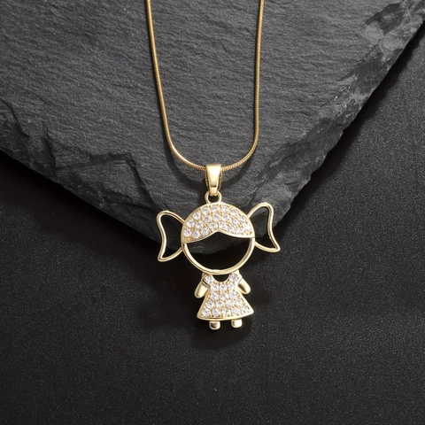 Cartoon Boy Girl Pendant Necklace Gold Plated Copper Inlaid Cubic Zirconia Snake Chain Cute Jewelry For Children