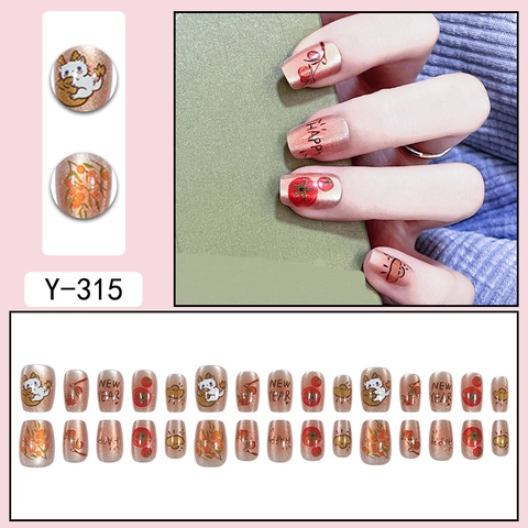 Champagne Gold Shimmer Cat Eye Press On Nails New Year Theme Cartoon Cat Persimmon Pattern Square Round Fake Nails