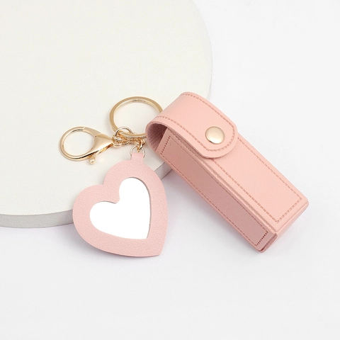 PU Leather Lipstick Storage Pouch Keychain With Heart Shape Mirror Portable Mini Lip Balm Holder Bag Charm For Women