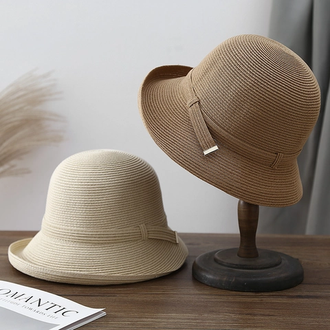 Women Straw Sun Hat Hepburn Style Woven Rolled Edge Foldable Breathable Elegant Cloche Hat For Summer Outdoor Beach