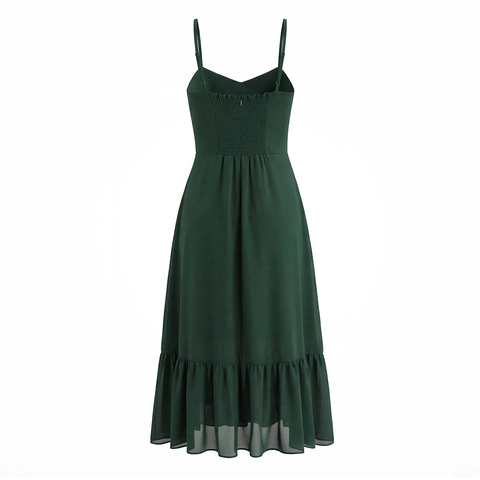 Damen Spaghettiträger Maxikleid Polyester Chiffon Rüschensaum Gesmokter Rücken Ärmellos Herz Ausschnitt Freizeit Urlaub