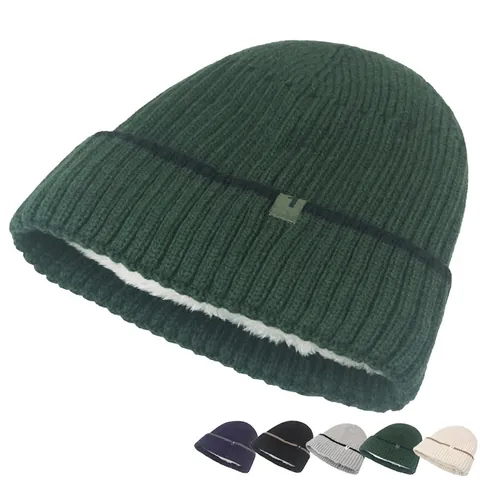Gebreide Muts Beanie Acryl Fleece Gevoerd Winter Warm Winddicht Geribbelde Patch Decor Outdoor Unisex Volwassenen