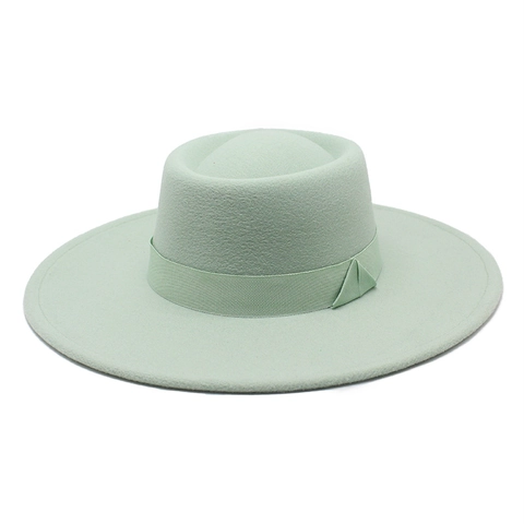 Flat Top Woolen Felt Fedora Hat Wide Brim Boater Hat With Ribbon Band Elegant Solid Color Retro Style For Men Women