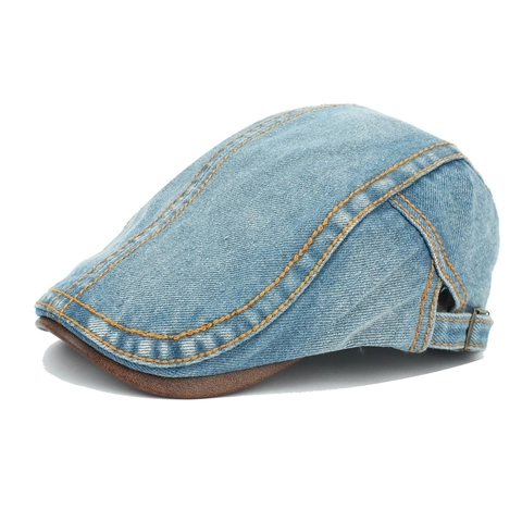 Berretto Ivy In Denim Lavato Vintage Cappello Piatto Retro Newsboy Pittore Con Tesa In Pelle Cuciture A Contrasto Regolabile