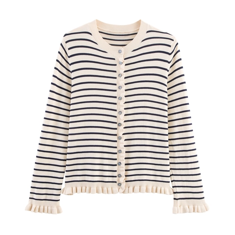 Dames Gebreide Cardigan Gestreepte Effen Lange Mouwen Ruches Enkele Rij Knoppen Ronde Hals Casual Sweater Top